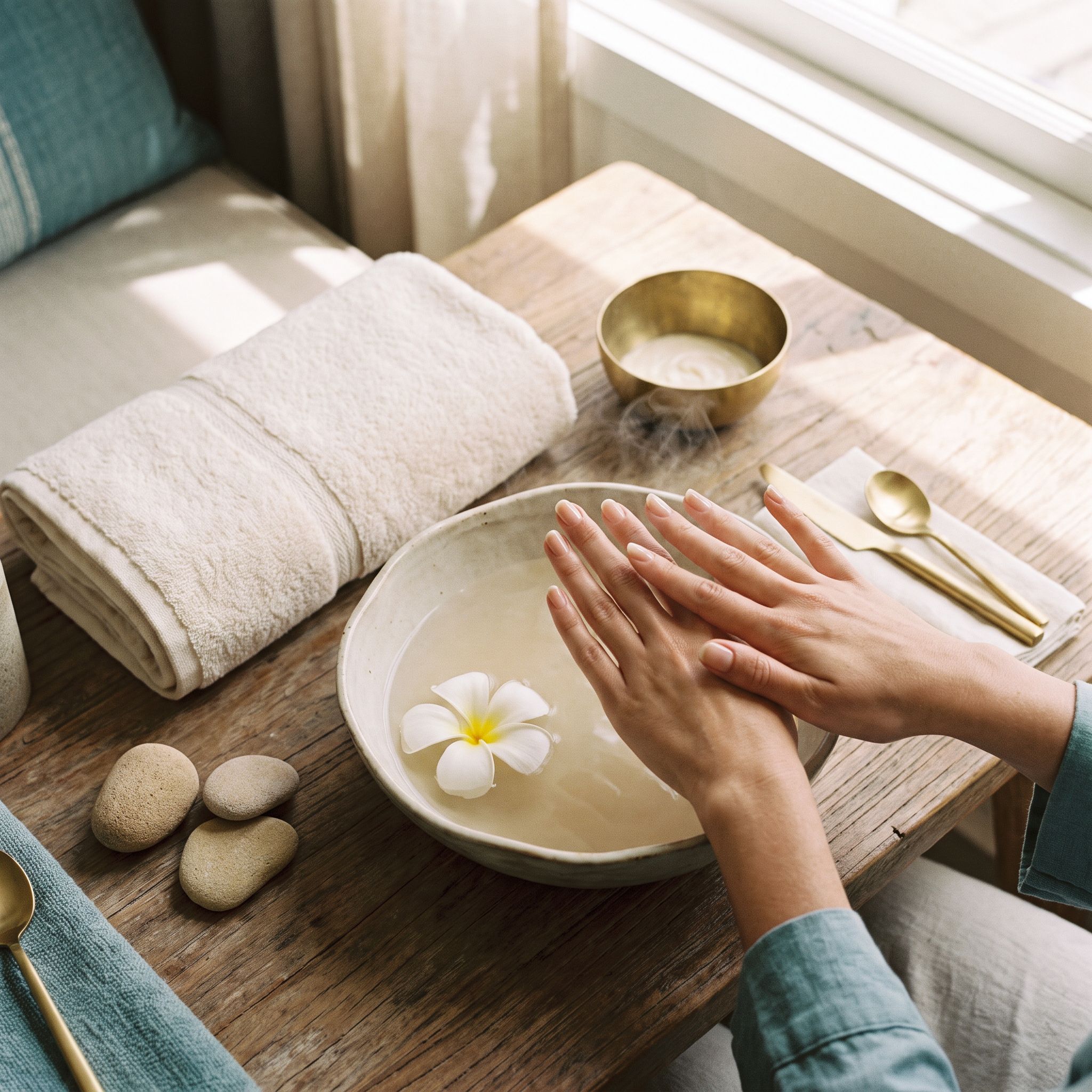 Hand care ritual with a warm bowl and flower