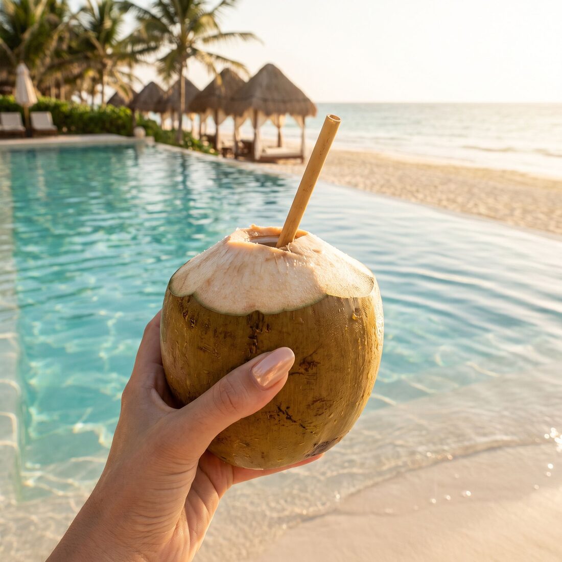 Nude nails with a coconut by the pool